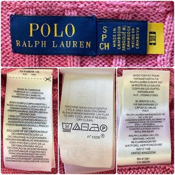POLO RALPH LAUREN Cotton Cable Knit Crew Neck Sweater Top Pullover Pink Size S - Picture 8 of 9